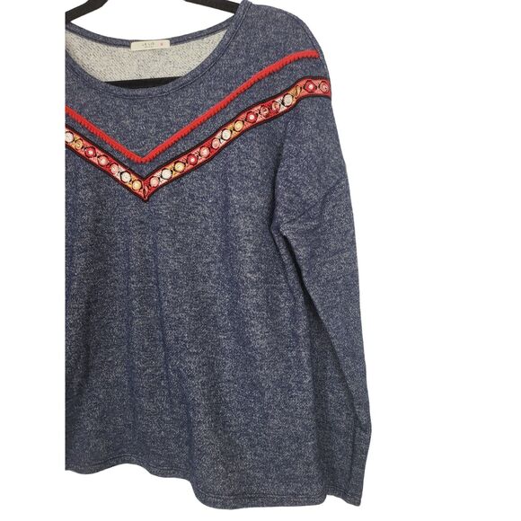 Le Lis Aztec Sweatshirt L Womens Blue Crew Neck Pullover Long Sleeve Boho Chic - Picture 2 of 6